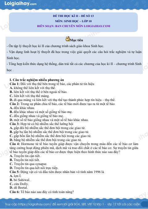 Đề thi học kì 2 Sinh 10 Chân trời sáng tạo - Đề số 13